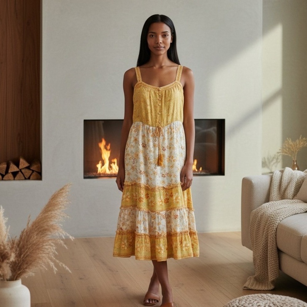 Arnhem Size 10 Lily Sundress Yellow Tiered Floral Maxi Flowy Boho Prairie Fairy‎
